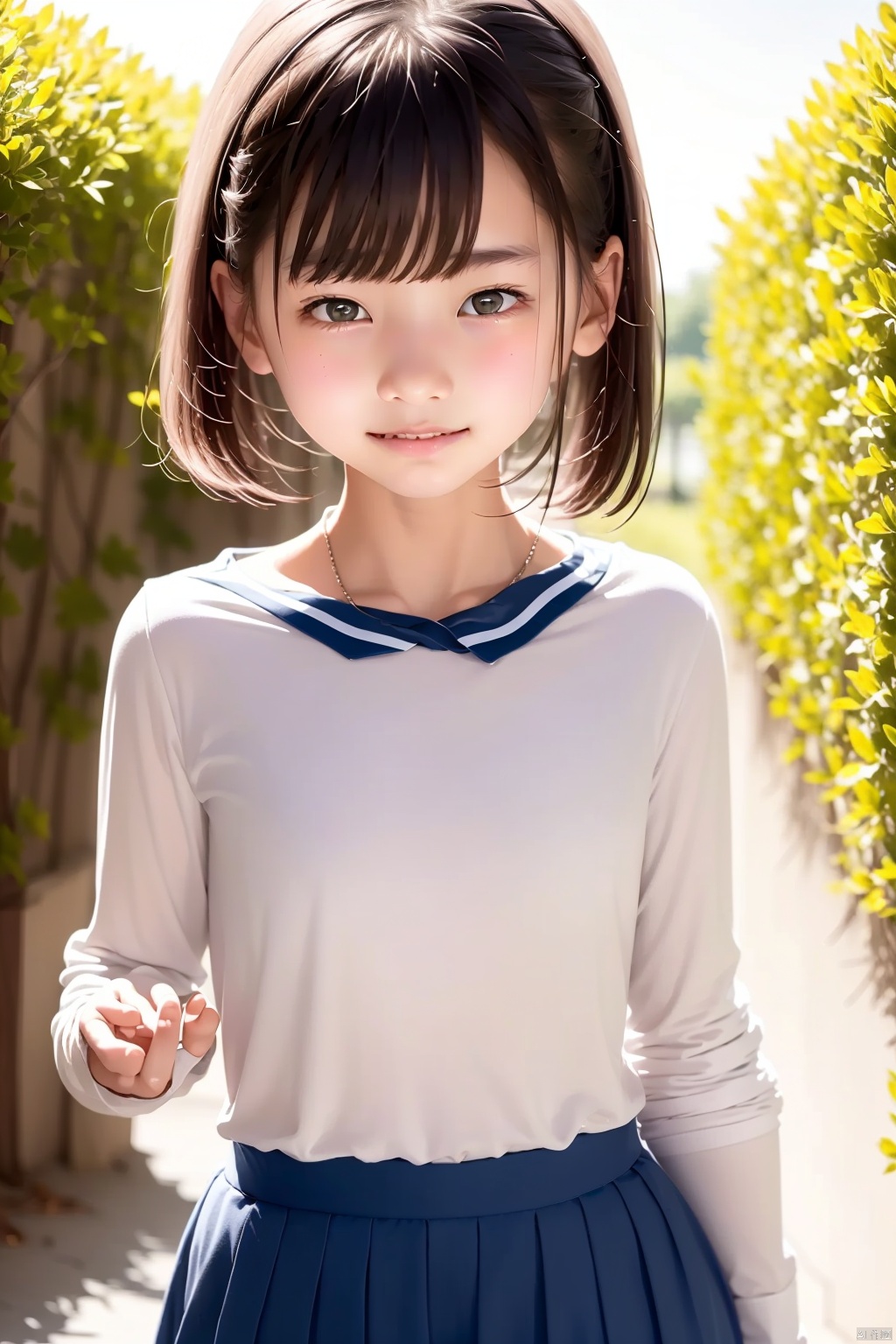 (masterpiece, best quality, high resolution), 
1girl,solo,upper_body,
black_hair,short hair,wavy_hair,
,school_uniform,white shirt,blue skirt,long sleeves,
walking,looking_at_viewer,