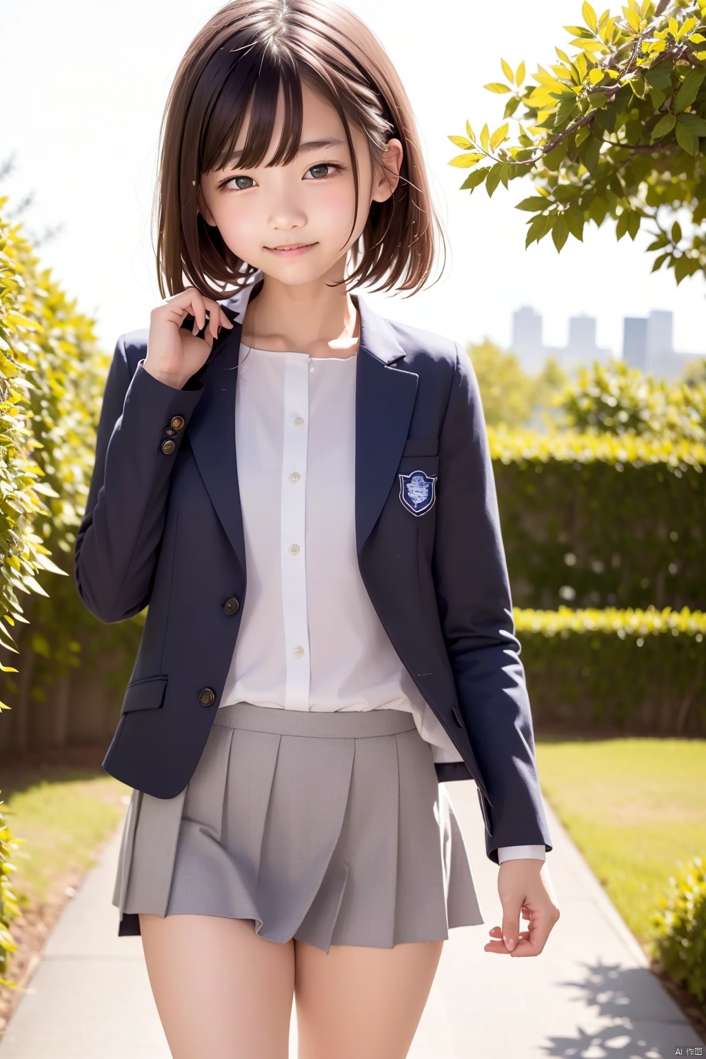 (masterpiece, best quality, high resolution), 
1girl,solo,upper_body,
black_hair,short hair,wavy_hair,
,school_uniform,white shirt,blue skirt,long sleeves,
walking,looking_at_viewer,
