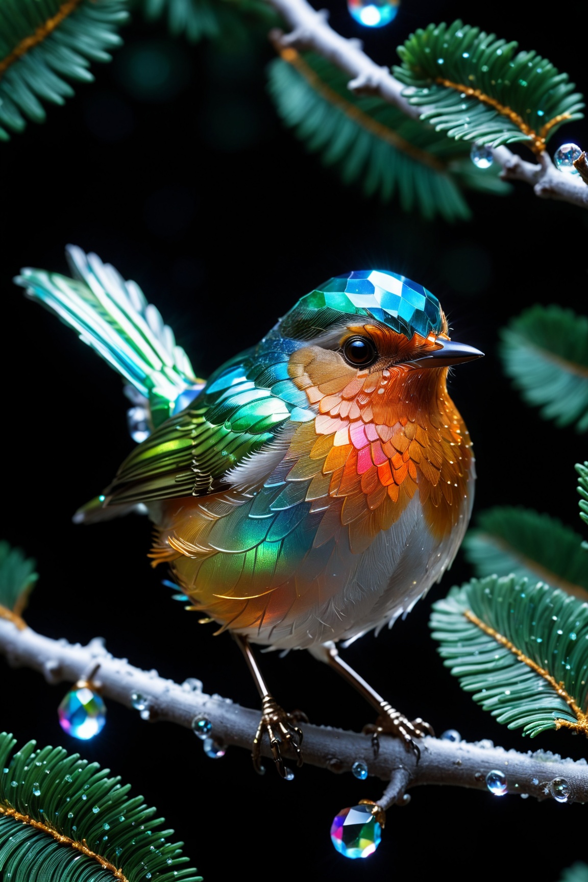 Highly detailed shot of an (((iridescence))) crystal sculpture in the shape of a European robin on a crystal tree branch,...