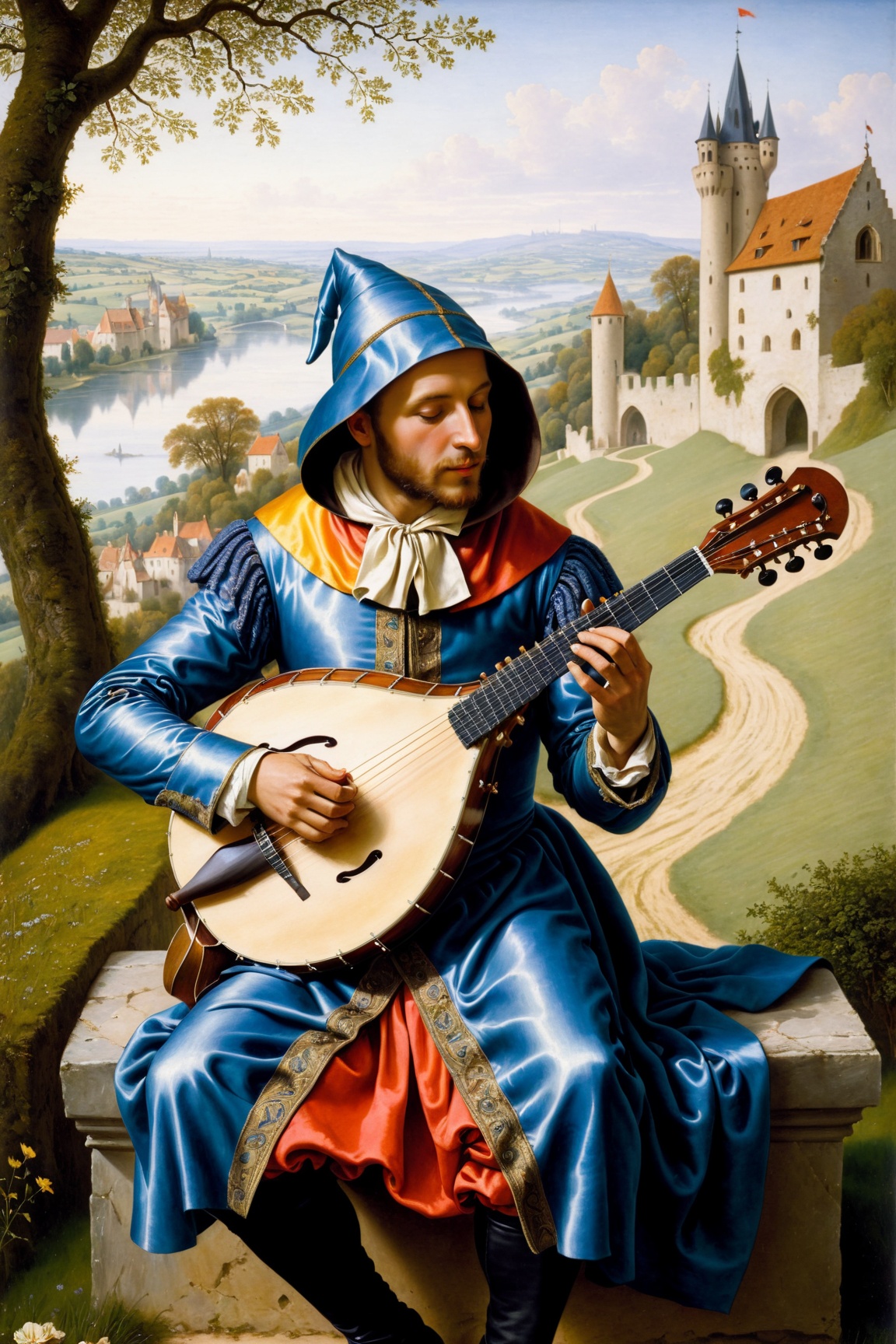 A medieval minstrel with very colorful suit with tippet and hood playing a mandolin in a romantic landscape,  oil painting...