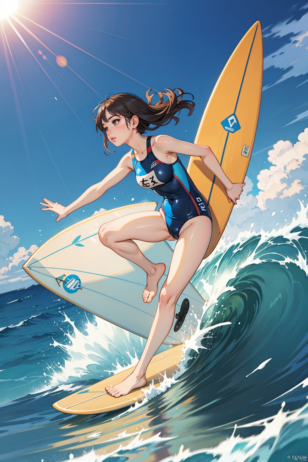  masterpiece, best quality, official art, extremely detailed CG unity 8k wallpaper, day, sun, girl, solo, competition swimsuit, ocean, (surf riding, surfing, realism:1.2),