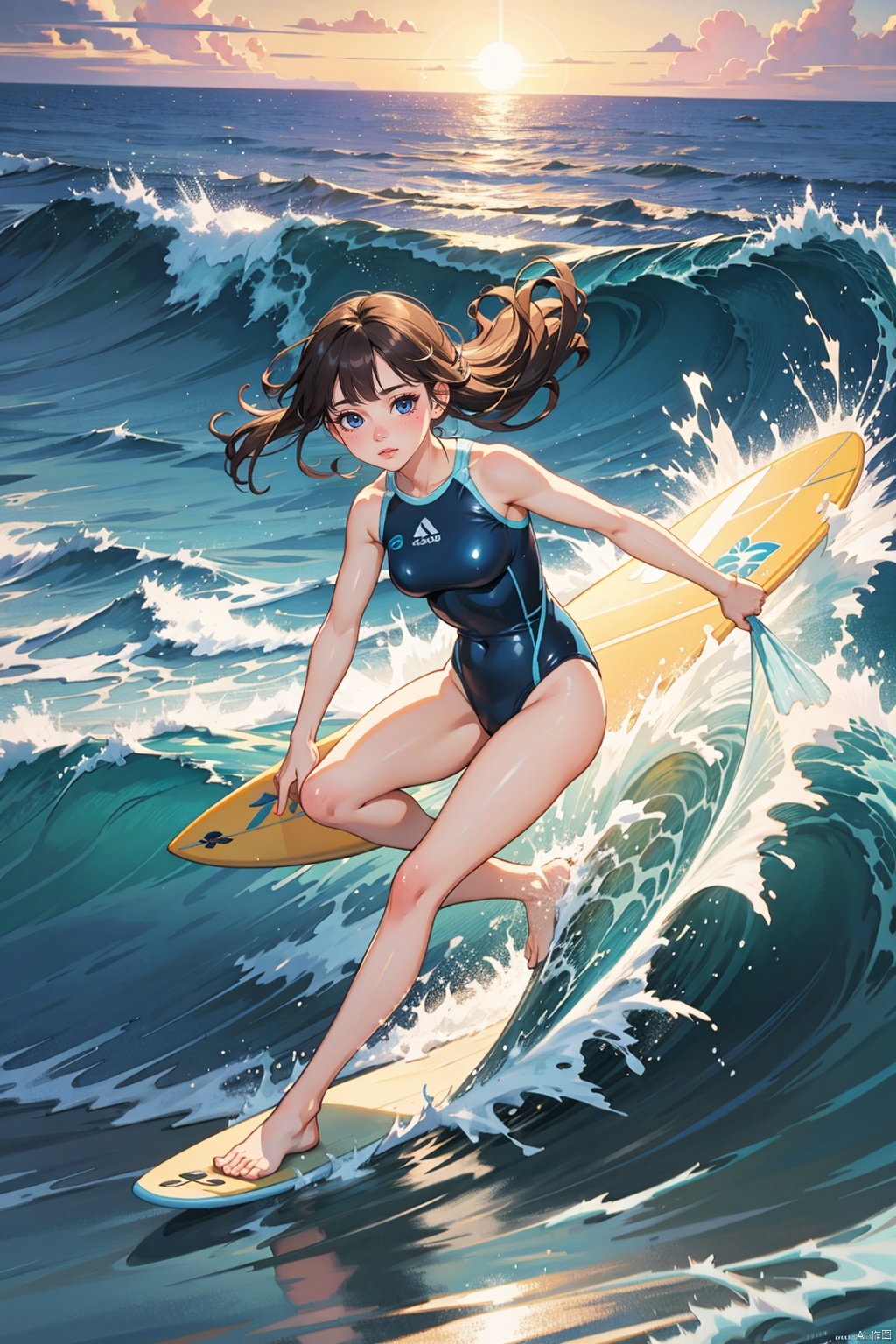  masterpiece, best quality, official art, extremely detailed CG unity 8k wallpaper, day, sun, girl, solo, competition swimsuit, ocean, (surf riding, surfing, realism:1.2),