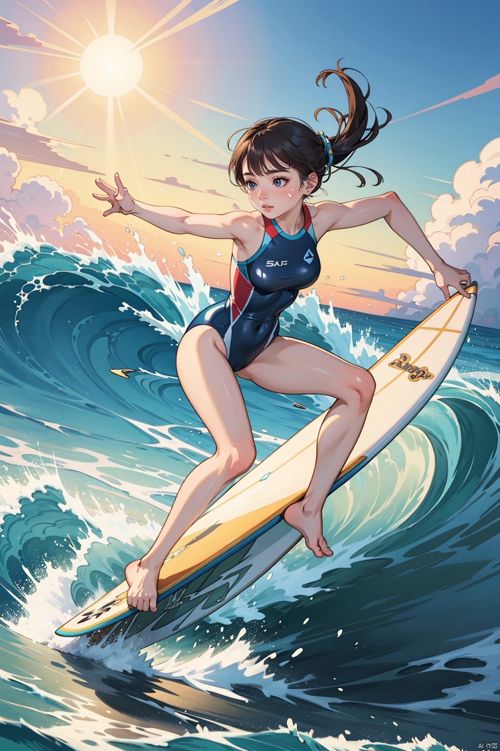  masterpiece, best quality, official art, extremely detailed CG unity 8k wallpaper, day, sun, girl, solo, competition swimsuit, ocean, (surf riding, surfing, realism:1.2),