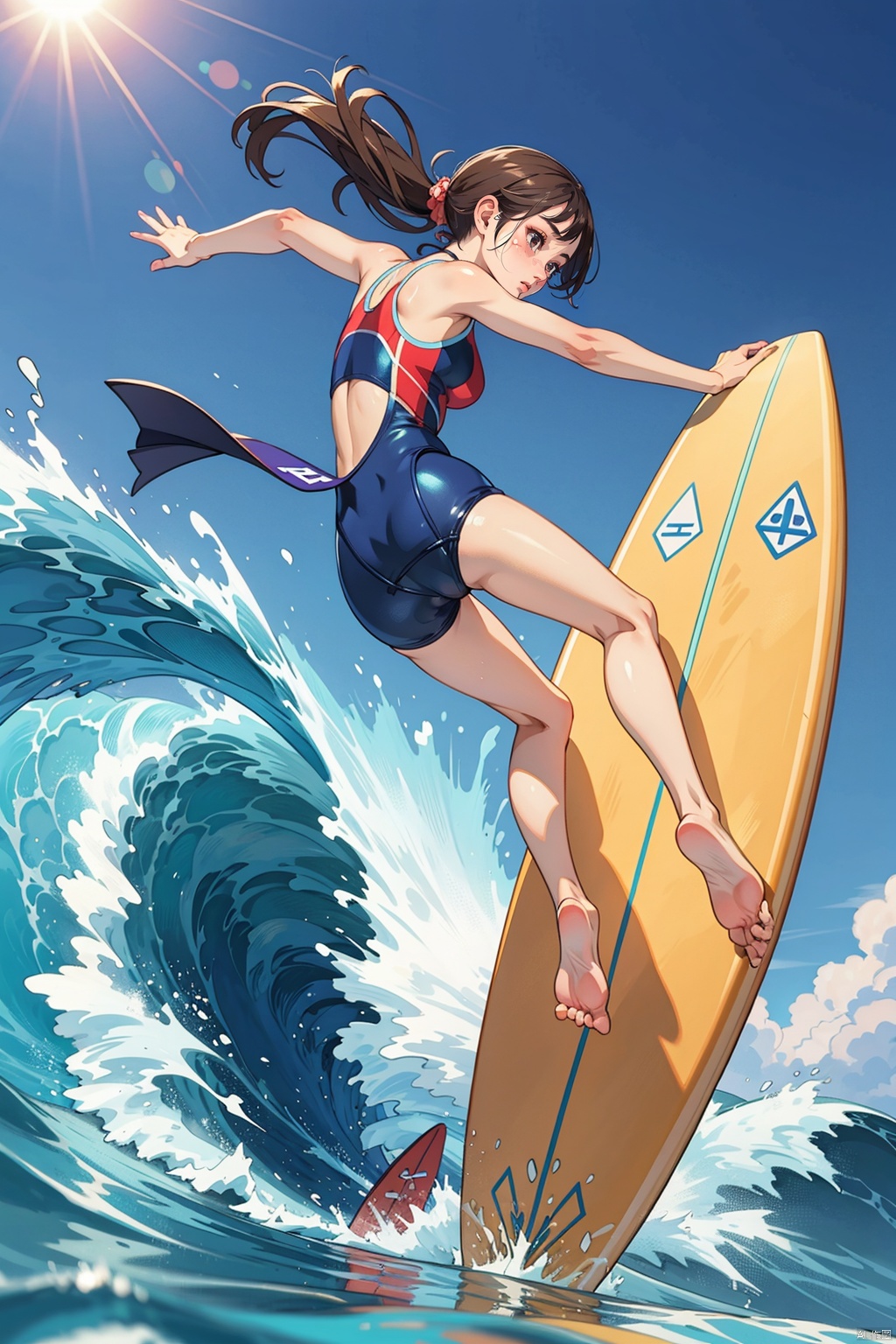  masterpiece, best quality, official art, extremely detailed CG unity 8k wallpaper, day, sun, girl, solo, competition swimsuit, ocean, (surf riding, surfing, realism:1.2),