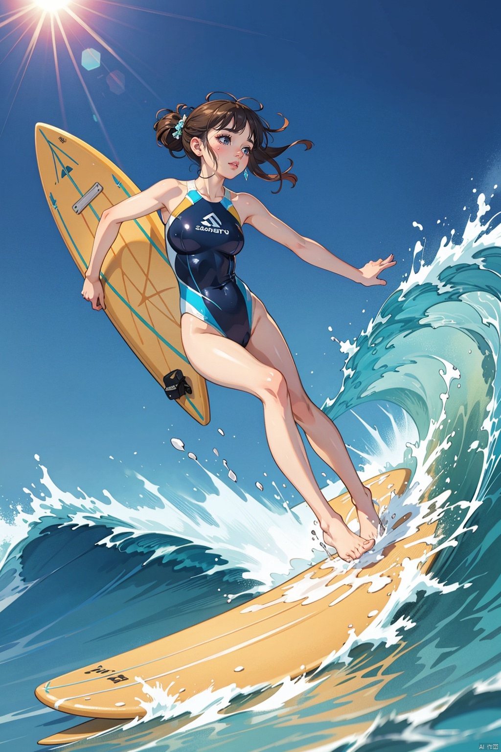  masterpiece, best quality, official art, extremely detailed CG unity 8k wallpaper, day, sun, girl, solo, competition swimsuit, ocean, (surf riding, surfing, realism:1.2),