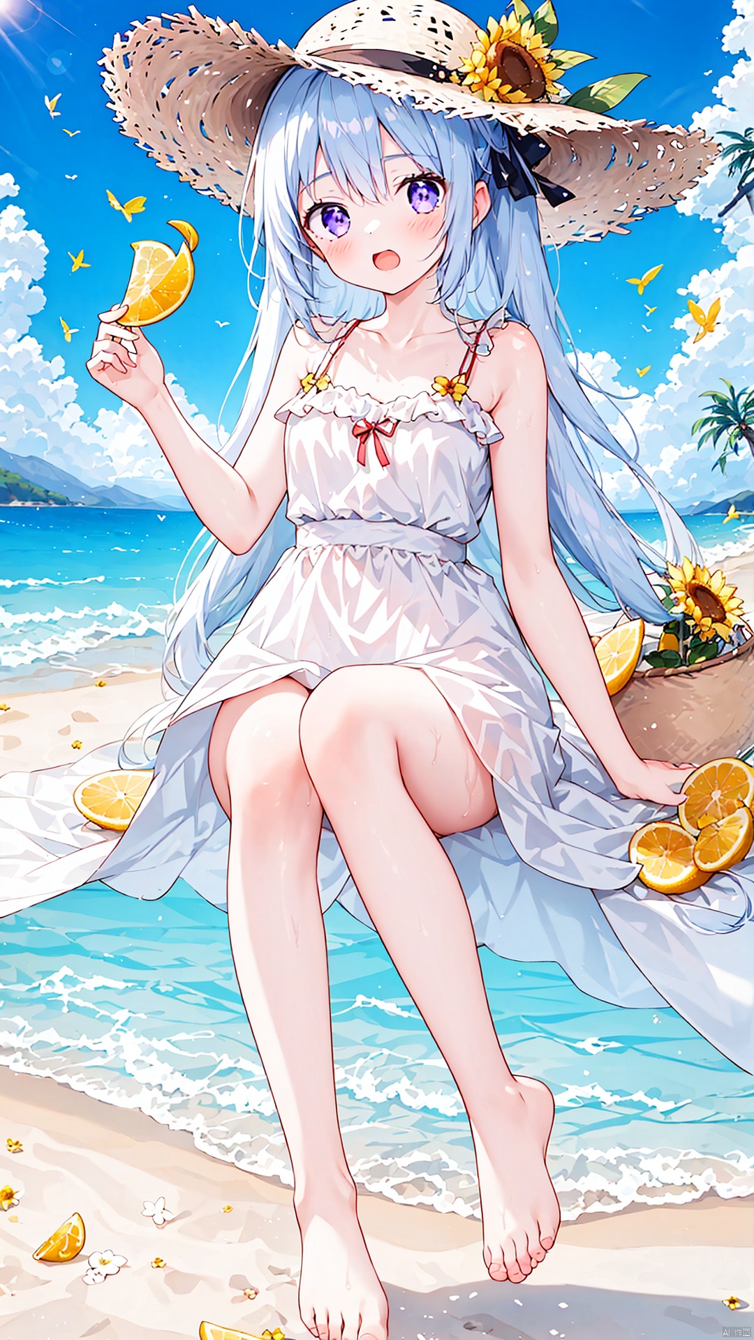 1girl, solo, long hair, looking at viewer, blush, open mouth, bangs, hat, dress, holding, bare shoulders, sitting, purple eyes, full body, flower, white hair, sidelocks, outdoors, frills, food, sky, barefoot, sleeveless, day, cloud, water, white dress, feet, tree, blue sky, legs, bare arms, bare legs, toes, fruit, sleeveless dress, ocean, beach, white footwear, frilled dress, sun hat, yellow flower, sand, palm tree, straw hat, sunflower, horizon, hat flower, basket, sundress, orange \(fruit\), lemon