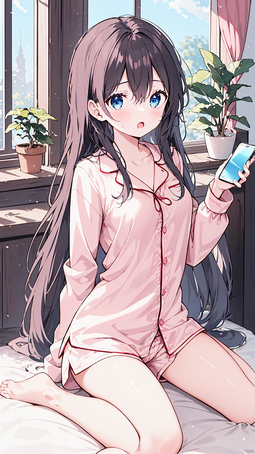 1girl, solo, long hair, breasts, looking at viewer, blush, open mouth, bangs, blue eyes, brown hair, shirt, long sleeves, holding, hair between eyes, medium breasts, sitting, collarbone, shorts, barefoot, indoors, hand up, pillow, window, bed, on bed, wariza, phone, cellphone, plant, smartphone, between legs, holding phone, pink shirt, pajamas, pink pajamas