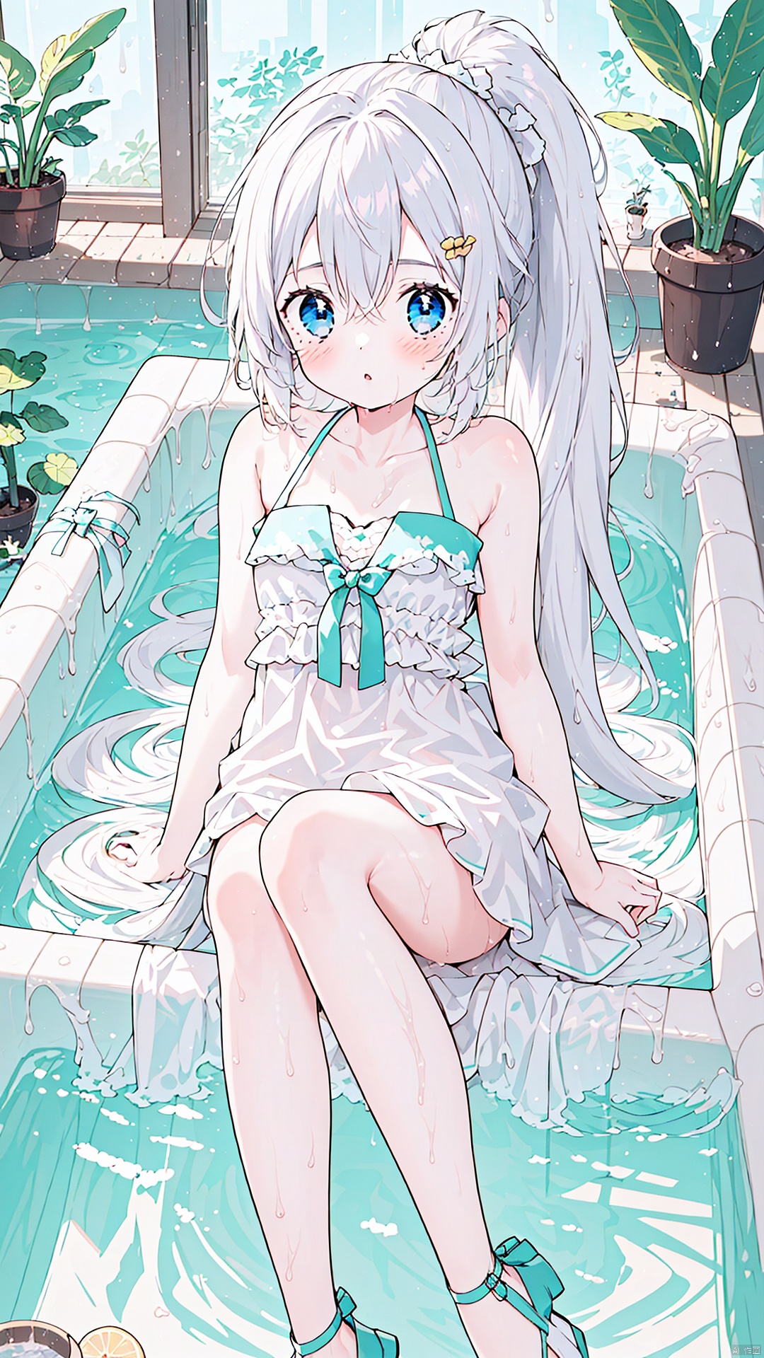 1girl, solo, long hair, looking at viewer, blush, bangs, blue eyes, dress, hair between eyes, bare shoulders, sitting, collarbone, ponytail, white hair, sidelocks, parted lips, sleeveless, indoors, water, white dress, wet, bare arms, window, sleeveless dress, plant, partially submerged, tiles, potted plant, bathing, bath, bathroom, bathtub, tile wall, blinds