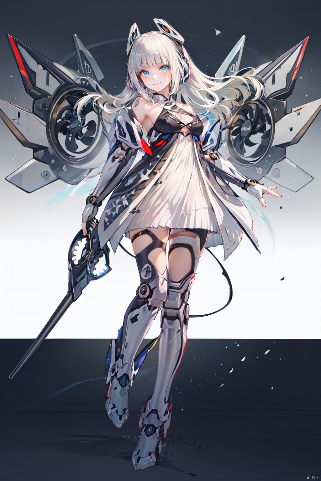 天启姬, 1girl, solo, long hair, mecha musume, smile, looking at viewer, white dress, full body, bare shoulders, boots, fingerless gloves, mechanical legs,