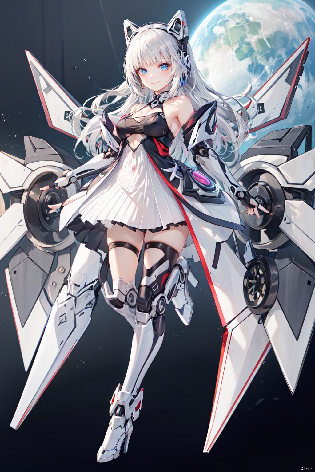 天启姬, 1girl, solo, long hair, mecha musume, smile, looking at viewer, white dress, full body, bare shoulders, boots, fingerless gloves, mechanical legs,