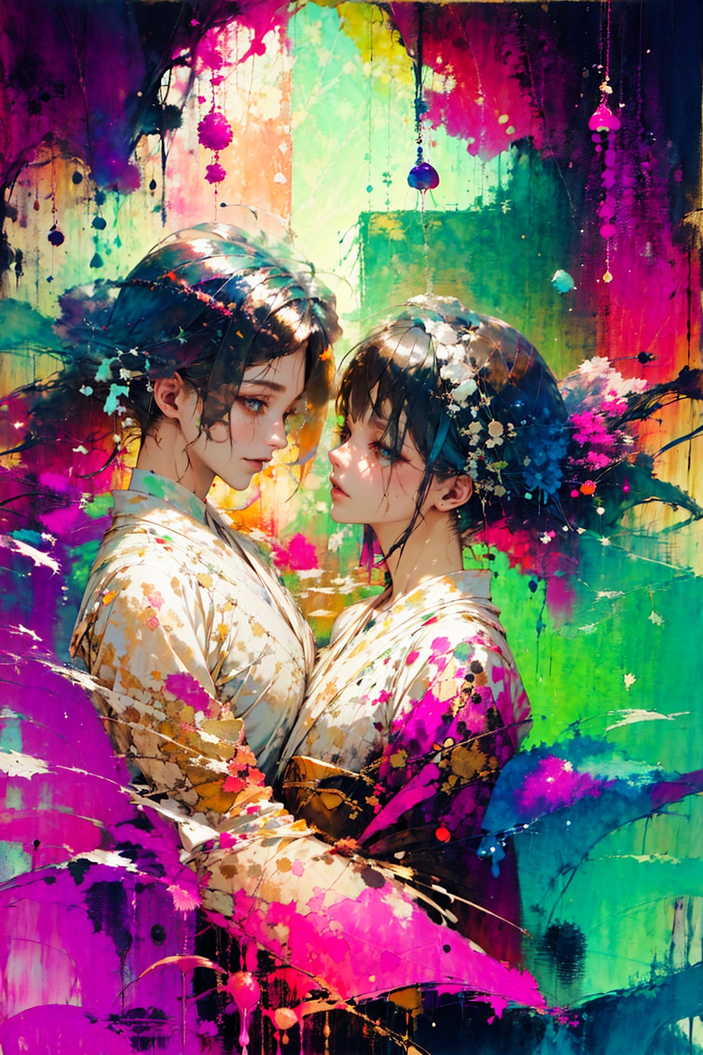 Envision a fusion of traditional Japanese aesthetics and Gothic Lolita fashion,  where elegant kimono silhouettes intertwi...
