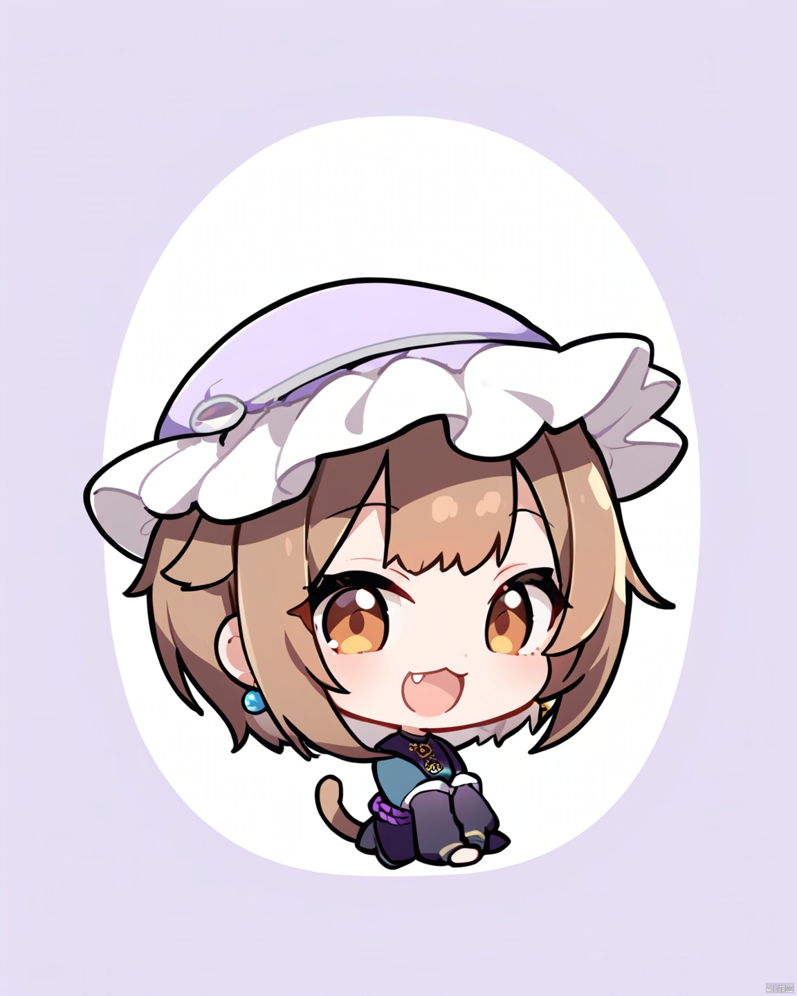 chibi,  1 little loli,  1girl,  solo,  animal ears,  chen,  brown hair,  cat ears,  tail,  fang,  cat tail,  jewelry,  hat,  earrings,  single earring,  brown eyes,  open mouth,  multiple tails,  mob cap,  two tails,  nekomata,  long sleeves,  smile,  chibi