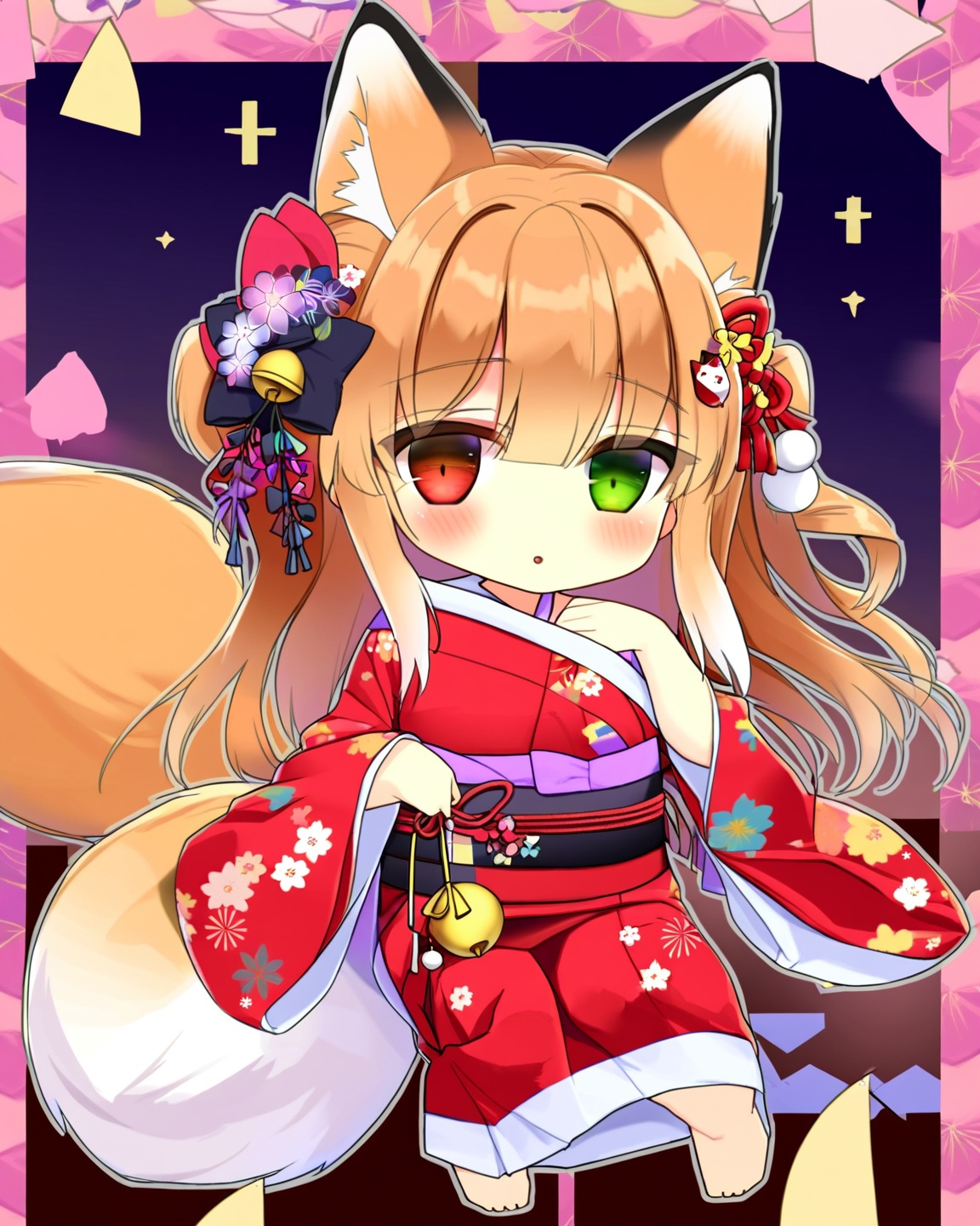 chibi,1 little loli,1girl,japanese clothes,solo,kimono,animal ears,fox ears,long hair,brown hair,heterochromia,tail,fox tail,bell,sash,arrow \(projectile\),obi,green eyes,hair bow,hair ornament,blush,bow,jingle bell,red kimono,looking at viewer,red eyes,black bow,off shoulder,tabi,parted lips,<lora:chibi60A_sdxlLORA:0.8>,, masterpiece, best quality