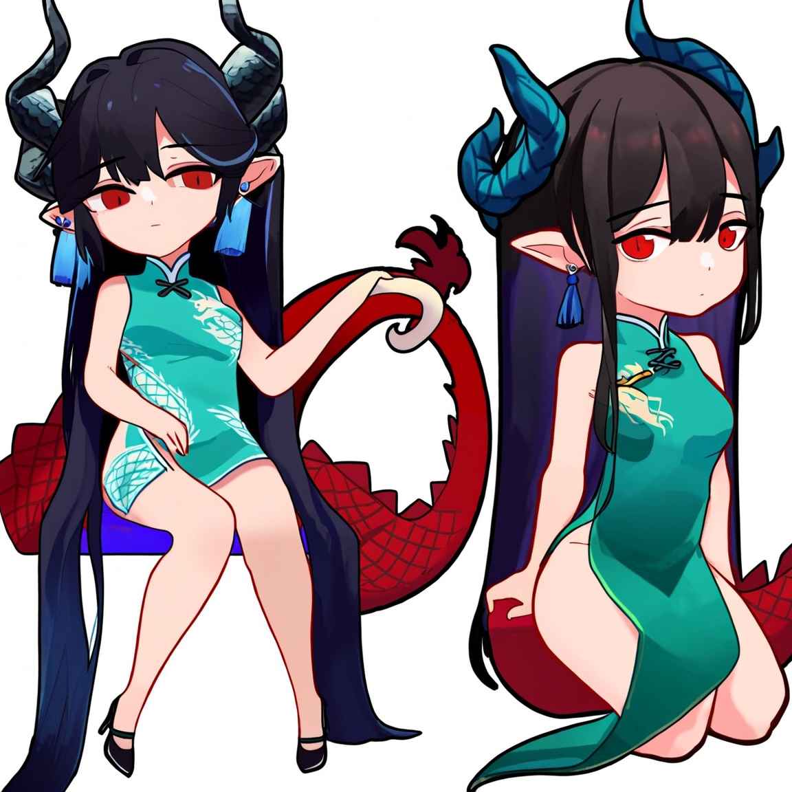 chibi, 1 little loli, red eyes, dusk \(arknights\), long hair, 1girl, black hair, tail, dress, horns, official alternate costume, high heels, jewelry, black footwear, very long hair, white background, pointy ears, sleeveless dress, dragon tail, earrings, dragon horns, blue dress, invisible chair, multicolored hair, pelvic curtain, tassel earrings, simple background, looking at viewer, breasts, sitting, medium breasts, bare legs, bangs, tassel, sleeveless, china dress, colored skin, dated, full body, multiple views, chinese clothes, aqua dress, closed mouth, neck ribbon, green dress, bare shoulders, on side, dragon girl,<lora:chibi60A_sdxlLORA:0.8>,, masterpiece, best quality