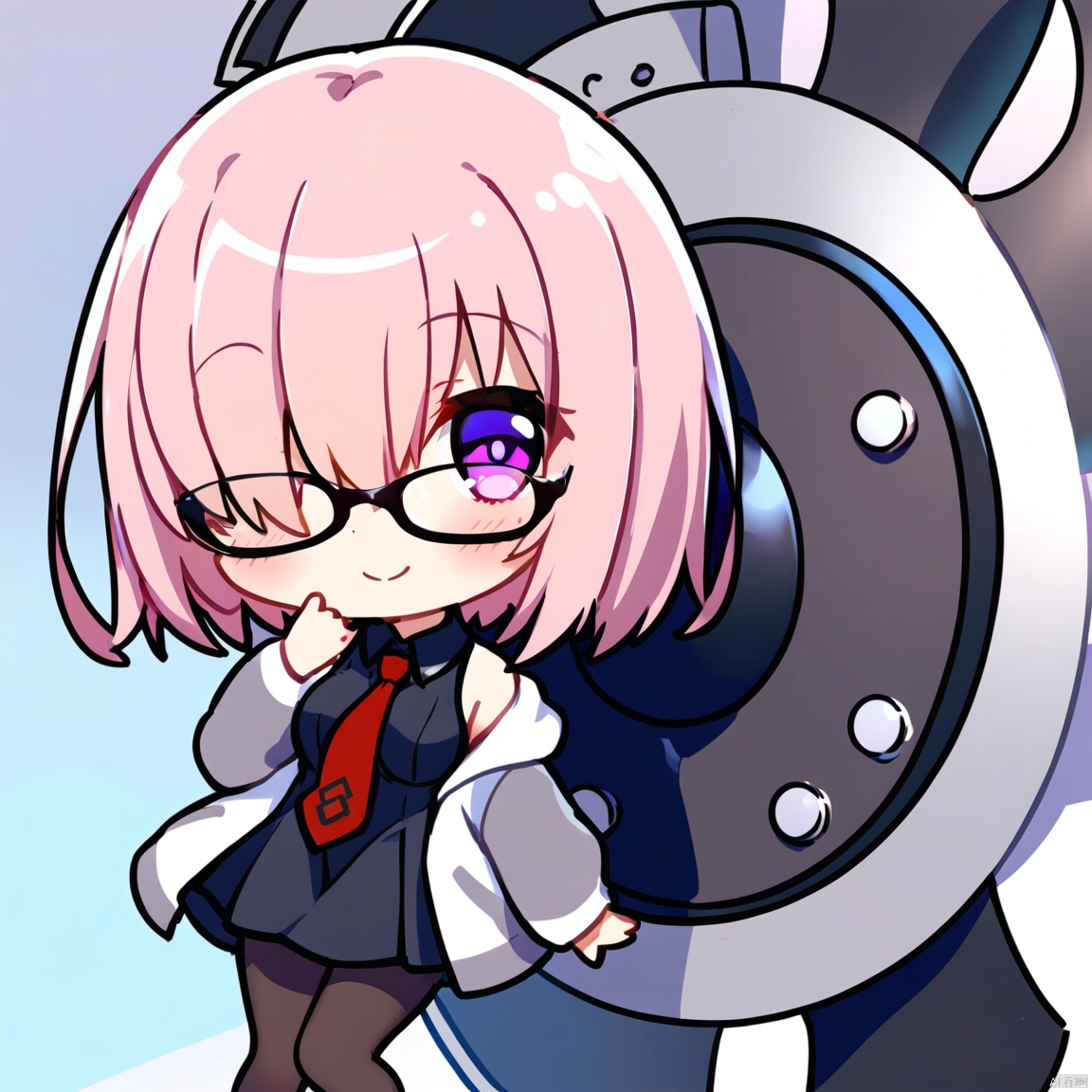 chibi,  1 little loli,  1girl,  solo,  mash kyrielight,  pink hair,  black dress,  collared dress,  purple eyes,  dress,  closed mouth,  sleeveless,  smile,  hair over one eye,  sleeveless dress,  pantyhose,  blush,  glasses,  red necktie,  bangs,  pleated dress,  long sleeves,  jacket,  necktie,  ahoge,  looking at viewer,  off shoulder,  lord camelot \(fate\),  standing,  black pantyhose,<lora:EMS-268703-EMS:1.200000>