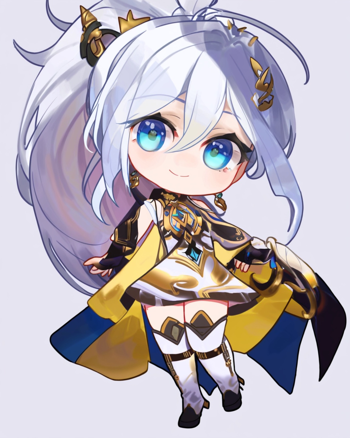 chibi,1 little loli,1girl,kiana kaslana,solo,white hair,white background,blue eyes,full body,smile,bangs,closed mouth,looking at viewer,long hair,hair ornament,simple background,ponytail,thighhighs,earrings,jewelry,boots,antenna hair,hair between eyes,thigh boots,<lora:chibi60A_sdxlLORA:0.8>,, masterpiece, best quality