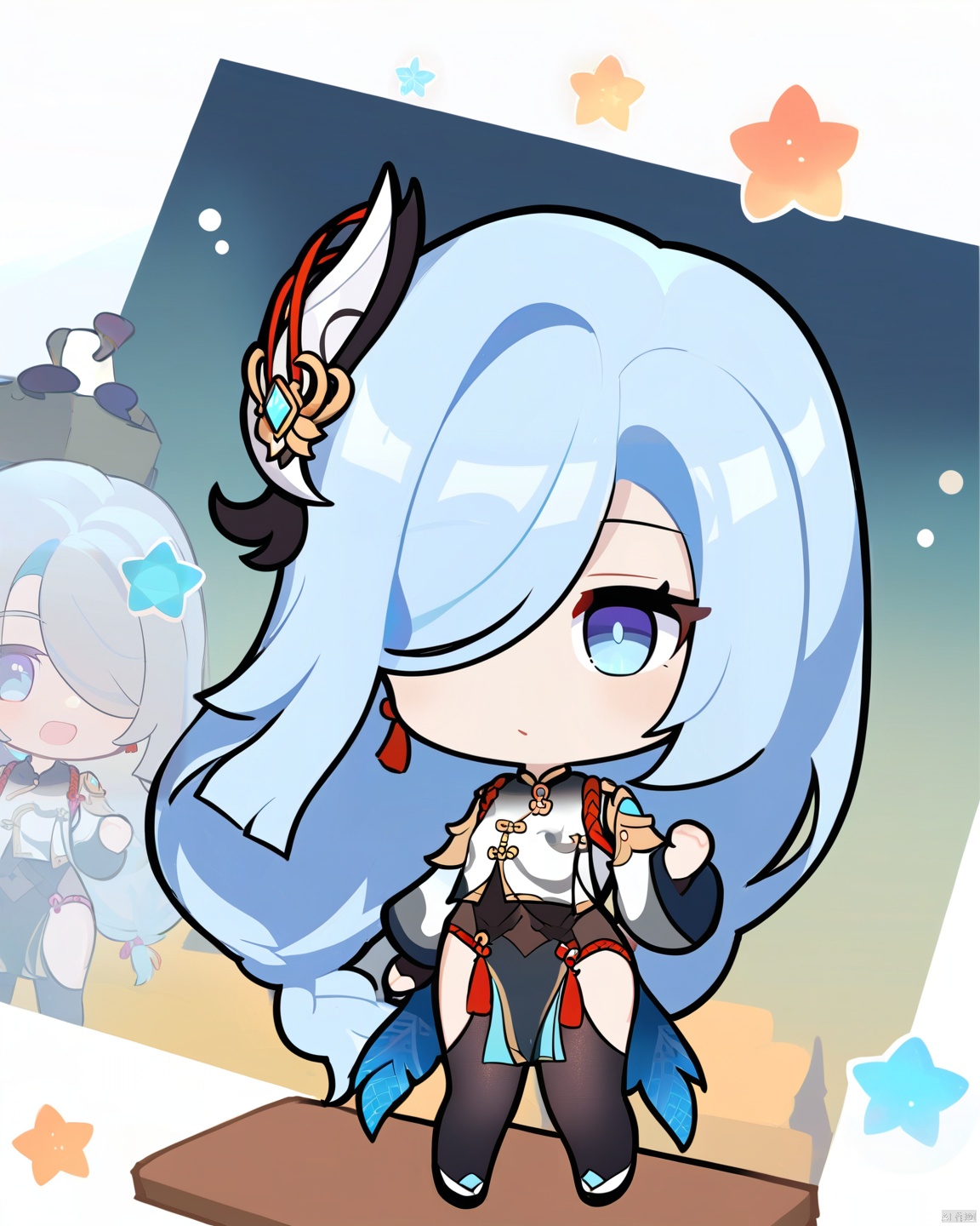 shenhe,  genshin impact,  1girl,  solo, Long hair,  hair accessories,  blue eyes,  looking at the audience, tassel earrings,  hair over one eye, bangs, braid, hip vent, jk uniform + black stockings + Mary Jane shoes,  shenhe,  chibi, 无, 1 little loli,<lora:EMS-268703-EMS:1.000000>