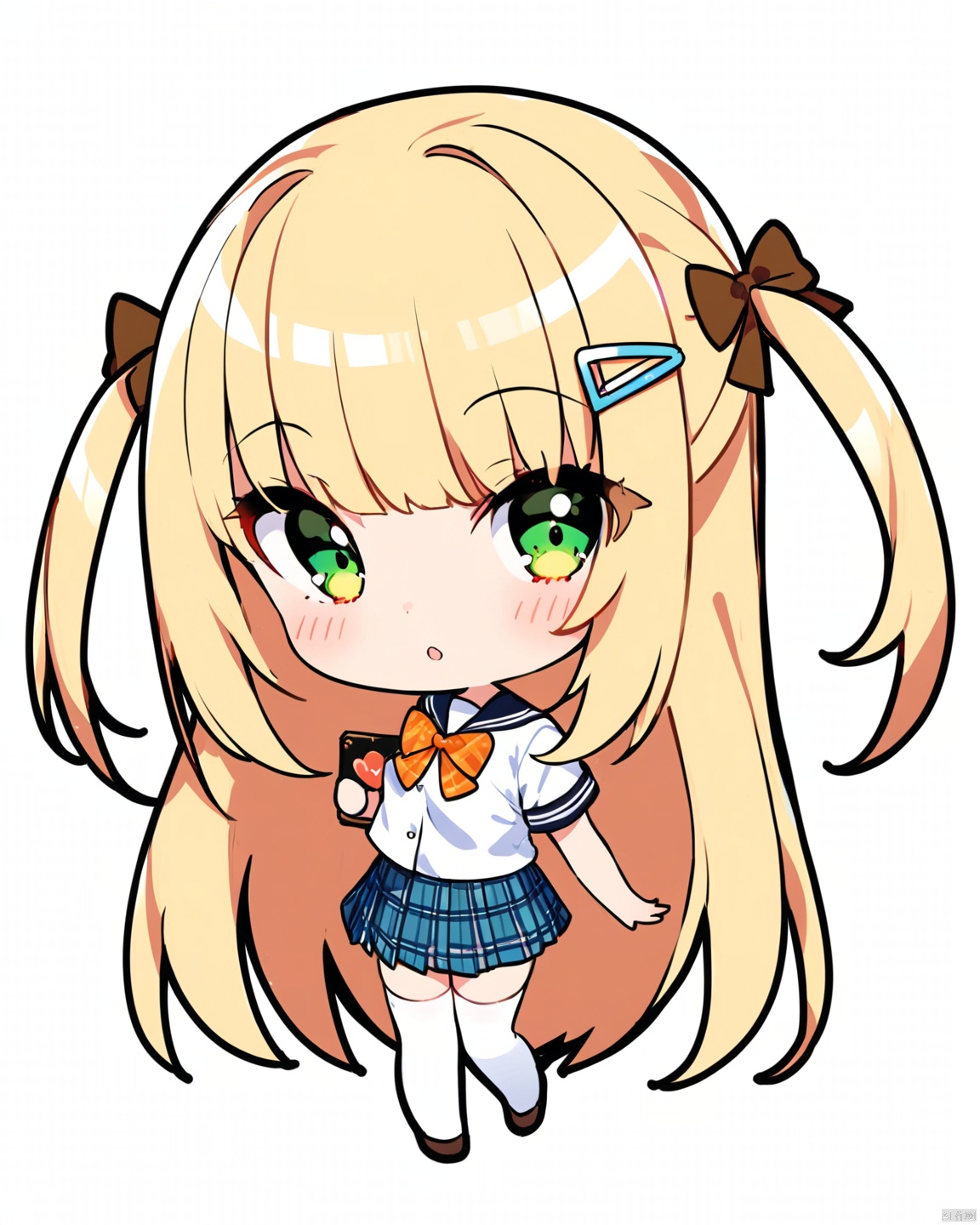 chibi,  1 little loli,  1girl,  solo,  plaid bow,  long hair,  skirt,  plaid,  thighhighs,  green eyes,  white background,  blonde hair,  two side up,  white thighhighs,  bow,  plaid bowtie,  simple background,  white shirt,  plaid skirt,  short sleeves,  shoes,  bangs,  very long hair,  full body,  shirt,  school uniform,  hair ornament,  blush,  heart,  looking at viewer,  pleated skirt,  standing,  parted lips,  :o,  holding,  bowtie,  orange bow,  hairclip,  loafers,  brown footwear,  sailor collar,  serafuku,  ribbon,  brown bow,  plaid ribbon,  orange bowtie,  zettai ryouiki,<lora:EMS-268703-EMS:0.800000>