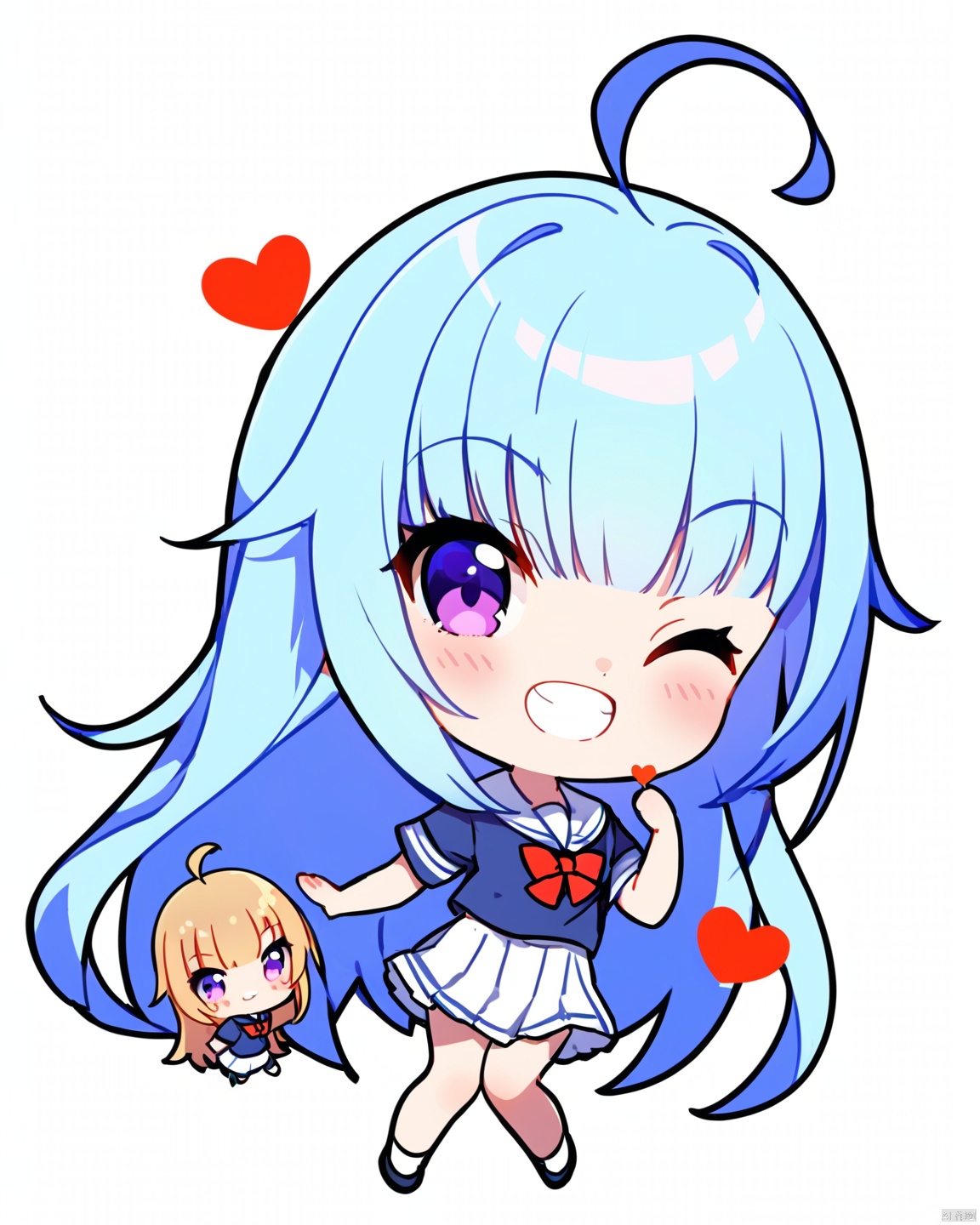 (chibi:1.3),  1 little loli,  1girl,  solo,  one eye closed,  long hair,  smile,  purple eyes,  skirt,  heart,  white skirt,  white background,  blue hair,  ahoge,  grin,  simple background,  school uniform,  looking at viewer,  shirt,  full body,  bangs,  short sleeves,  shoes,  sailor collar,  blush,<lora:EMS-268703-EMS:0.800000>