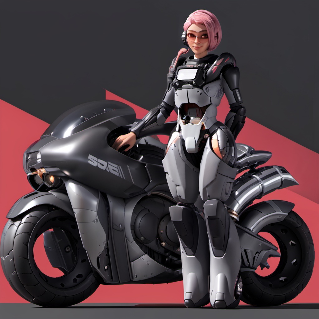 <lora:lida_xl_v1:0.8>,lida, 1girl, solo, wearing a futuristic armored suit, transparent and pink goggles, headset with microphone, looking at viewer, smile, short hair, armor, lips, ground vehicle, motor vehicle, science fiction, motorcycle, cyborg, power armor, standing, full body, brown eyes, bodysuit, breastplate, a female character with pink hair and wearing a futuristic armored suit, she stands next to a sleek, dark-colored motorcycle, the suit is predominantly gray with some silver and black accents, the character has a badge or emblem on her chest, and she's holding onto the handlebars of the motorcycle, the background is a bold red and black diagonal stripe, female character, futuristic armored suit, suit is primarily gray with silver and black accents, badge or emblem on her chest, background consists of a bold red and black diagonal stripe