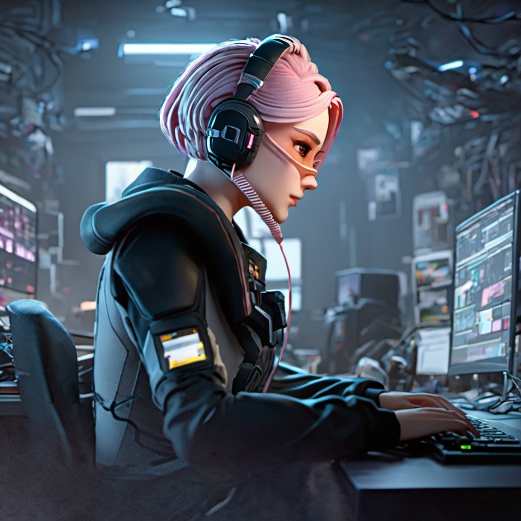 <lora:lida_xl_v1:0.8>,lida,1girl,solo,transparent and pink goggles,headset with microphone,futuristic armored suit,wearing a futuristic armored suit,short hair,sitting,jacket,white hair,indoors,hood,from side,lips,profile,headphones,chair,hood down,headset,realistic,nose,computer,monitor,laptop,keyboard \(computer\),office chair,upper body,blurry,hoodie,desk,cable,mouse \(computer\),screen,a female character with pink hair and wearing headphones and a dark outfit,she is seated at a desk,surrounded by various electronic devices including a computer monitor and a keyboard and other equipment,the setting appears to be a dimly lit room possibly an office or a tech lab,with posters and papers on the walls,the character seems to be focused on her work possibly coding or designing,