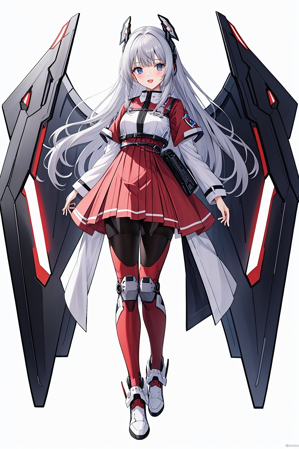 1 girl, solo, red Mecha pants, wings, blue eyes, long hair, red shoes, hair accessories, looking at the audience, gray hair, hair accessories, bangs, blue eyes, staff, clean background, mechanical wings, video card fan, gloves, white, simple background, cute, video card promo character, console, keyboard, mouse, joystick, red clothes, festive, Red theme,<lora:天启姬:0.7>,