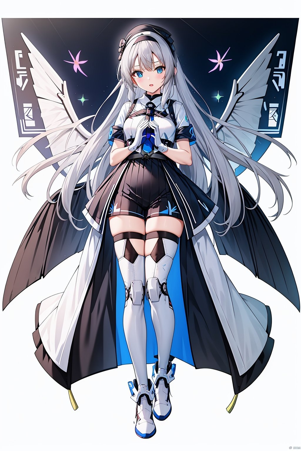 1 girl, solo, gradual change color Mecha pants, wings, long hair, white shoes, hair accessories, looking at the audience, white hair, hair accessories, bangs, blue eyes, staff, clean background, mechanical wings, gloves, simple background, cute, graphics card propaganda figure, console, (gradual change color Cheongsam), festive, (Matisse :1.5), ancient Chinese architecture,,<lora:天启姬:0.7>,
