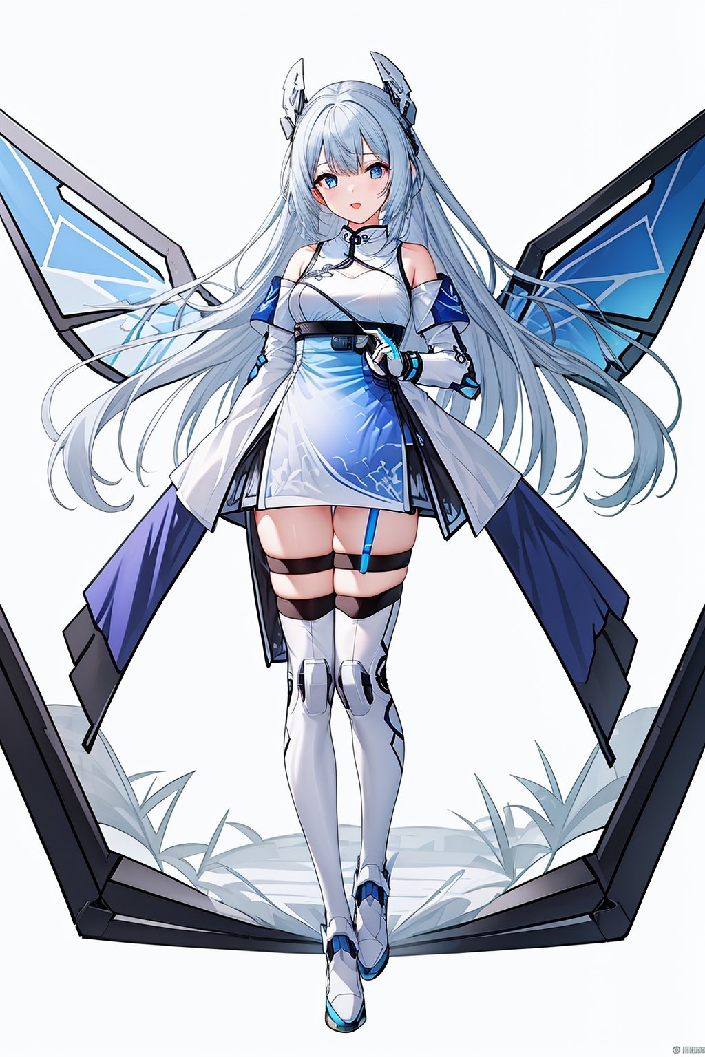 1 girl, solo, blue and white gradual color Mecha pants, wings, blue eyes, long hair, purple shoes, hair accessories, looking at the audience, white hair, hair accessories, bangs, blue eyes, staff, clean background, mechanical wings, (graphics card fan: 1.5), gloves, simple background, cute, graphics card propaganda figures, console, keyboard, mouse, handle, gradient color cheongsam, festive, (blue and white porcelain theme :1.5), Chinese ancient architecture, cheongsam,<lora:天启姬:0.7>,