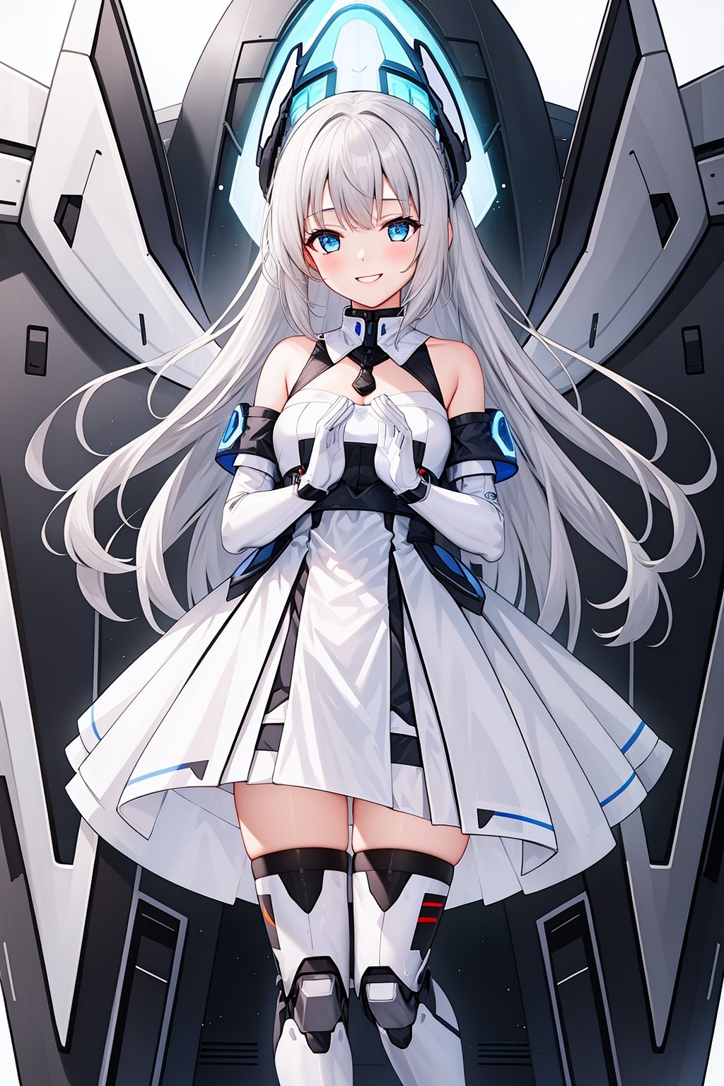 1girl,bare shoulders,boots,breasts,dress,elbow gloves,eyebrows visible through hair,gloves,looking at viewer,machinery,mecha musume,mechanical wings,simple background,smile,solo,standing,strapless dress,thighhighs,white background,white dress,white legwear,wings,<lora:天启姬:0.6>,