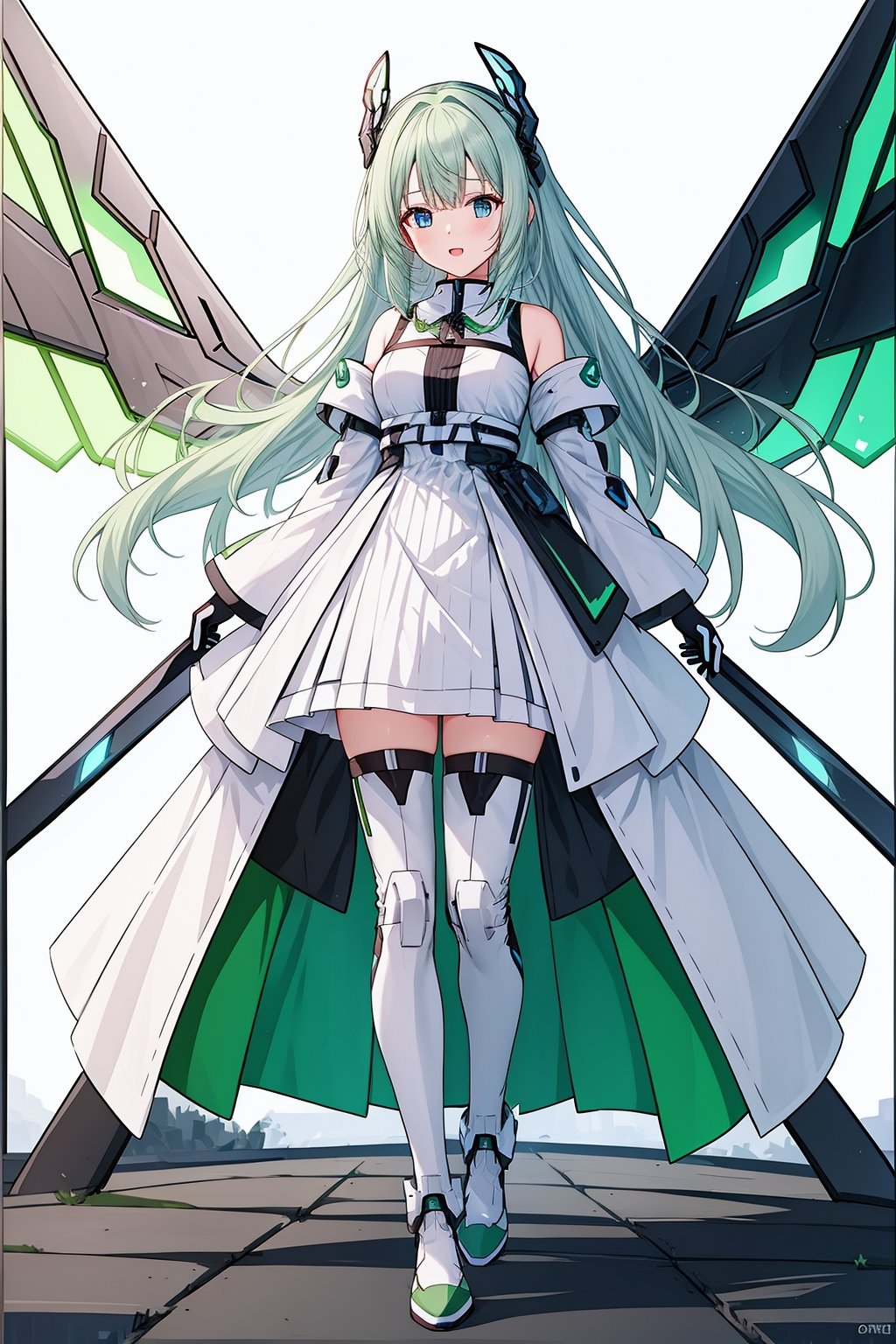 1 girl, solo, green Mecha pants, wings, blue eyes, long hair, green shoes, hair accessories, looking at the audience, white hair, hair accessories, bangs, blue eyes, staff, clean background, mechanical wings, (video card fan), gloves, white, simple background, cute, video card promo character, console, keyboard, mouse, joypad, red clothes, festive, Green theme,<lora:天启姬:0.7>,