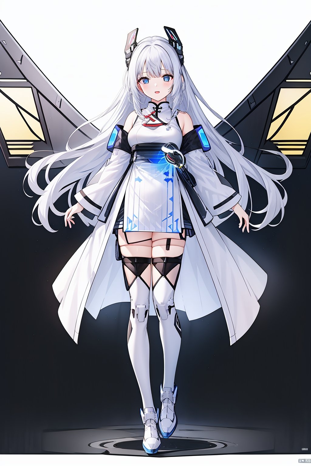 1 girl, solo, blue and white gradual color Mecha pants, wings, blue eyes, long hair, purple shoes, hair accessories, looking at the audience, white hair, hair accessories, bangs, blue eyes, staff, clean background, mechanical wings, (graphics card fan: 1.5), gloves, simple background, cute, graphics card propaganda figures, console, keyboard, mouse, handle, red and white gradient color cheongsam, festive, color theme, ancient Chinese architecture, cheongsam,<lora:天启姬:0.7>,