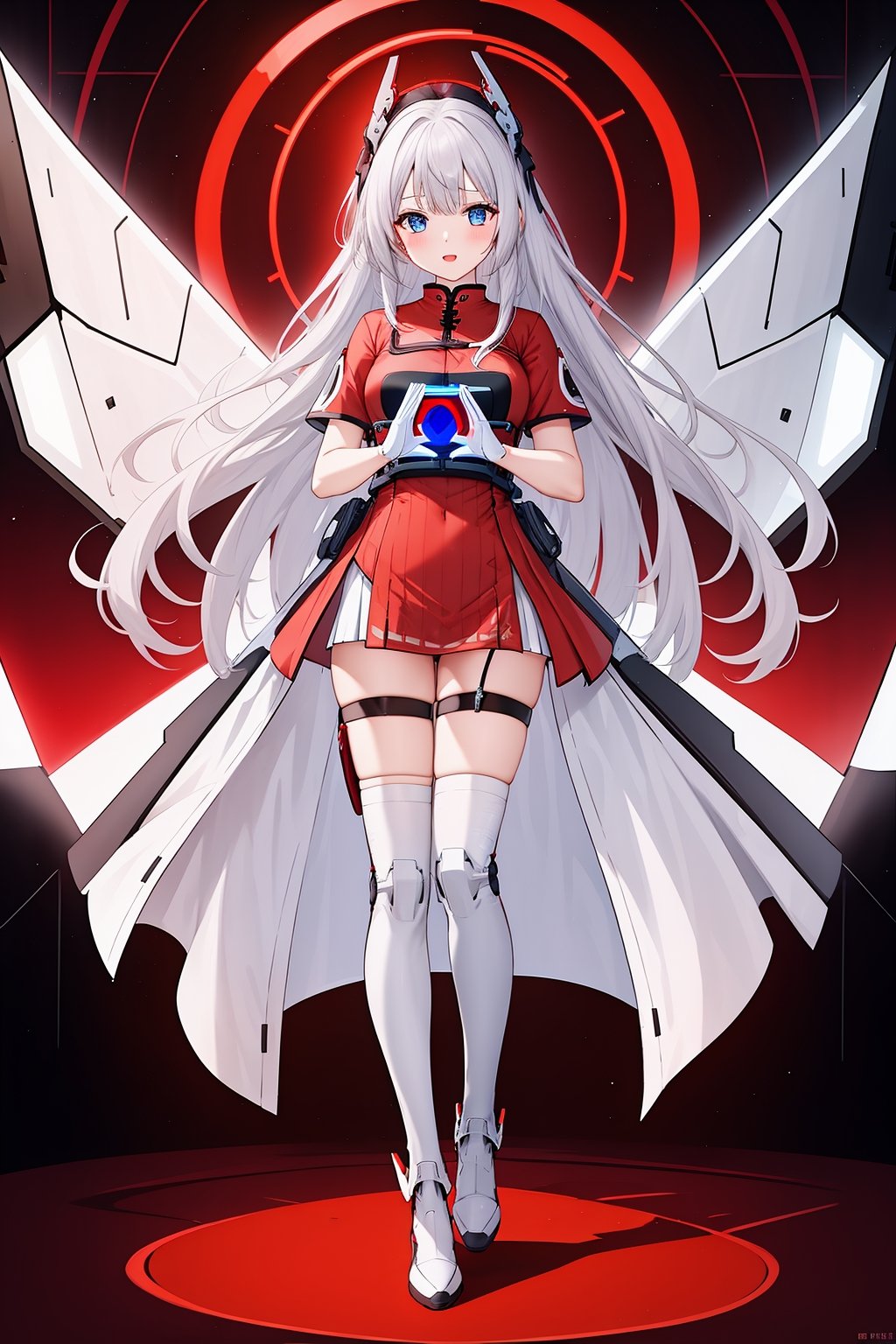 1 girl, solo, red Mecha pants, wings, blue eyes, long hair, red shoes, hair accessories, looking at the audience, white hair, hair accessories, bangs, blue eyes, staff, clean background, mechanical wings, (video card fan), gloves, red, simple background, cute, video card promo character, console, keyboard, mouse, handle, red cheongsam, festive, Red theme, ancient Chinese architecture, cheongsam<lora:天启姬:0.7>,