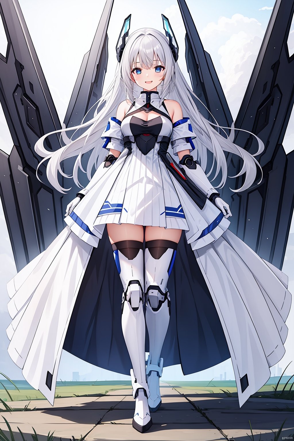 1girl,bare shoulders,boots,breasts,dress,elbow gloves,eyebrows visible through hair,gloves,looking at viewer,machinery,mecha musume,mechanical wings,simple background,smile,solo,standing,strapless dress,thighhighs,white background,white dress,white legwear,wings,<lora:天启姬:0.6>,