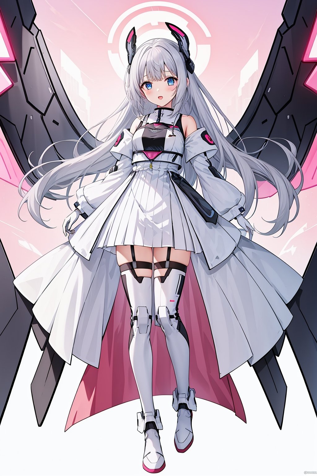 1 girl, solo, pink Mecha pants, wings, blue eyes, long hair, pink shoes, hair accessories, looking at the audience, white hair, hair accessories, bangs, blue eyes, staff, clean background, mechanical wings, (video card fan), gloves, white, simple background, cute, video card promo character, console, keyboard, mouse, joypad, red clothes, festive, Pink theme,<lora:天启姬:0.7>,