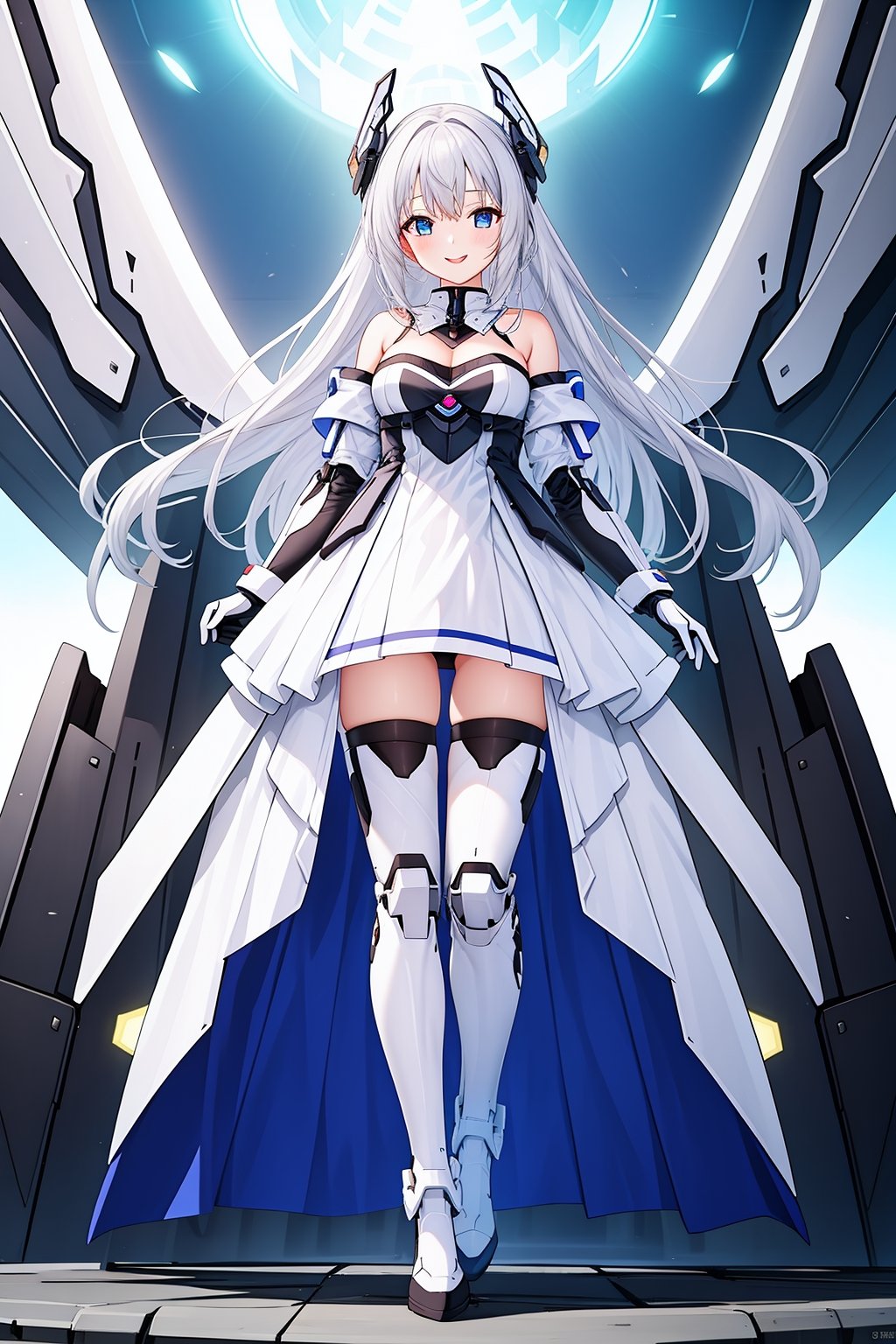 1girl,bare shoulders,boots,breasts,dress,elbow gloves,eyebrows visible through hair,gloves,looking at viewer,machinery,mecha musume,mechanical wings,simple background,smile,solo,standing,strapless dress,thighhighs,white background,white dress,white legwear,wings ,<lora:天启姬:0.6>,