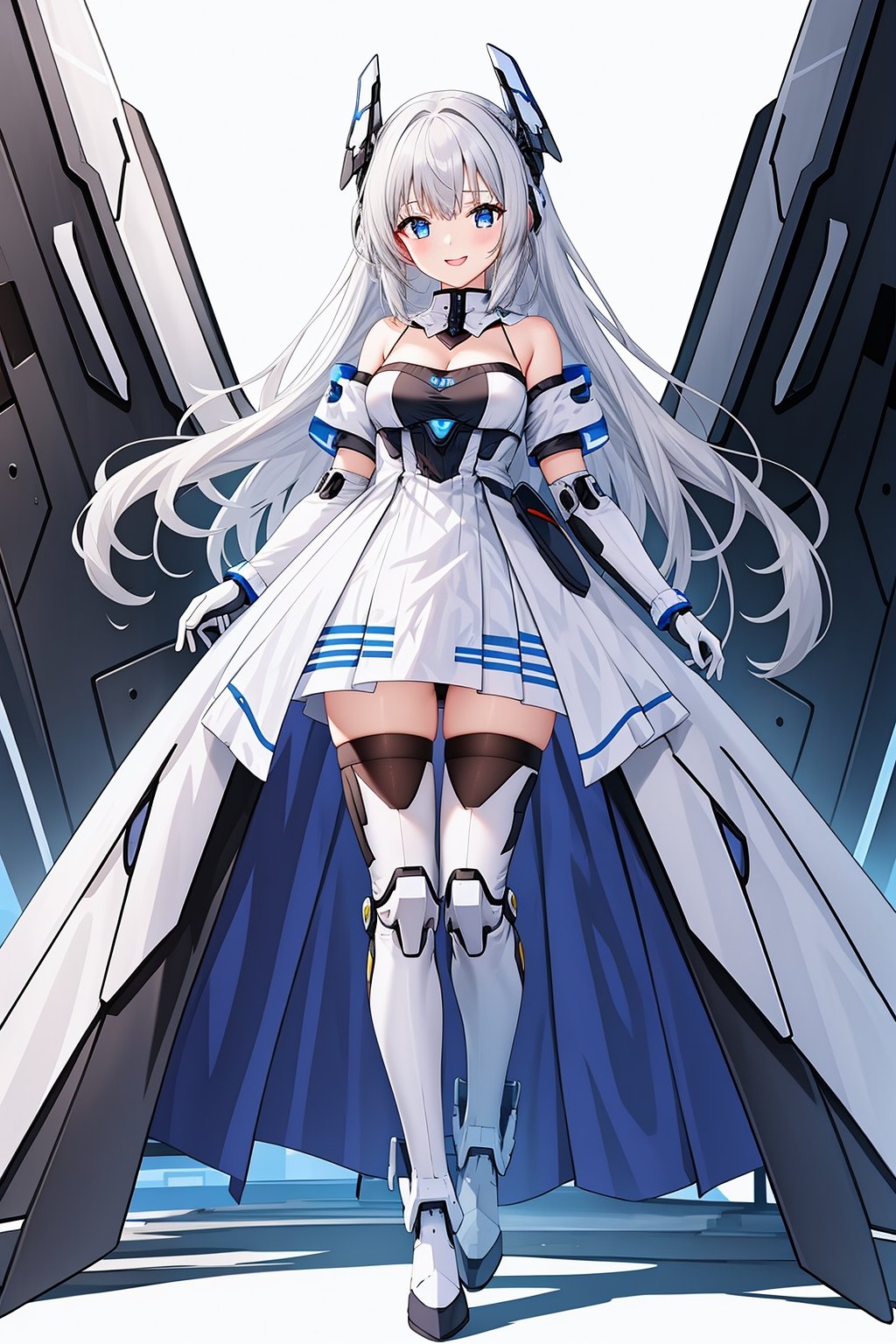 1girl,bare shoulders,boots,breasts,dress,elbow gloves,eyebrows visible through hair,gloves,looking at viewer,machinery,mecha musume,mechanical wings,simple background,smile,solo,standing,strapless dress,thighhighs,white background,white dress,white legwear,wings,<lora:天启姬:0.6>,