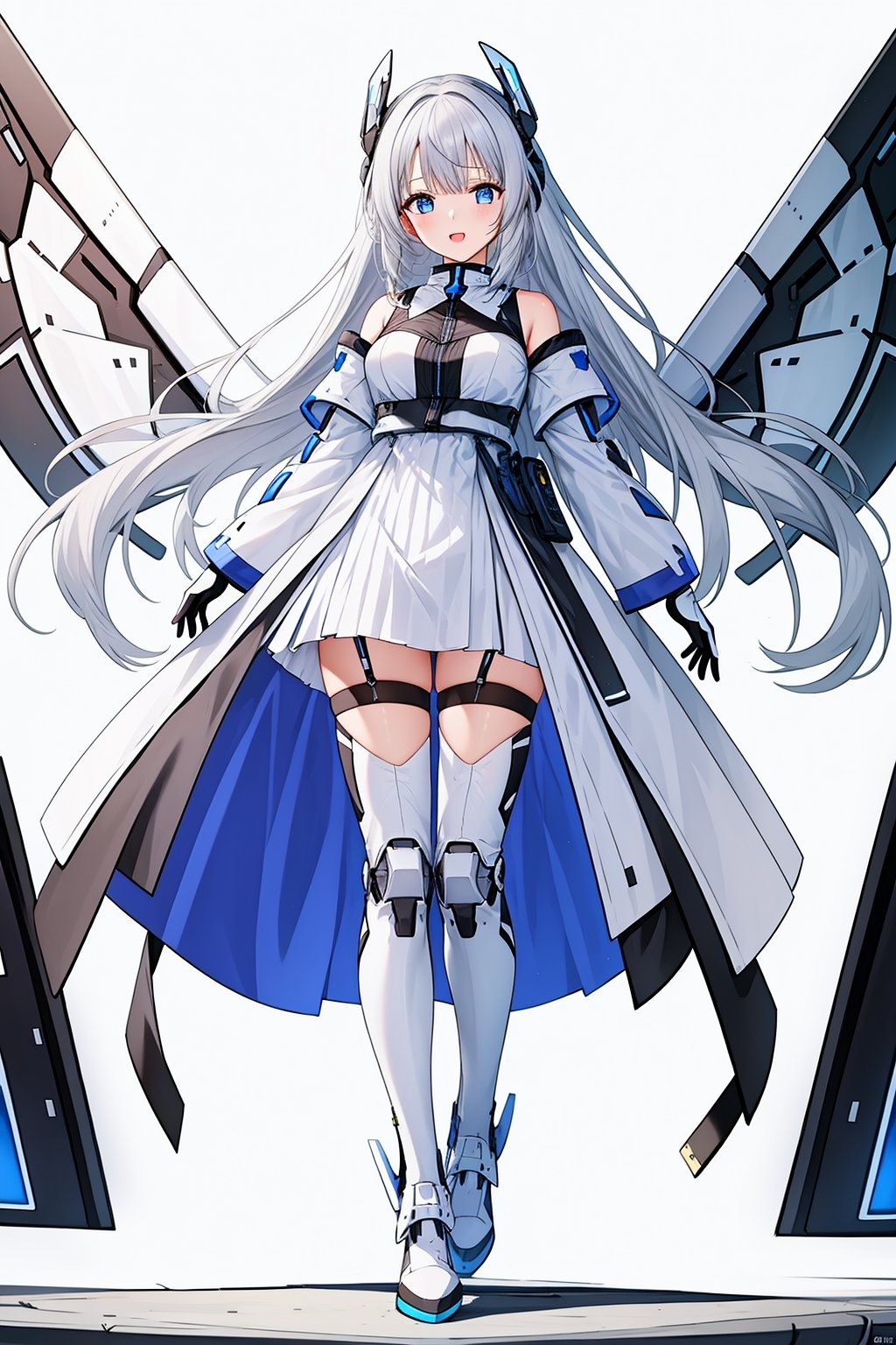 1 girl, solo, white Mecha pants, wings, blue eyes, long hair, white shoes, hair accessories, looking at the audience, gray hair, hair accessories, bangs, gray eyes, staff, clean background, mechanical wings, video card fan, gloves, white, simple background, cute, video card promo character, console, keyboard, mouse, handle<lora:天启姬:0.7>,
