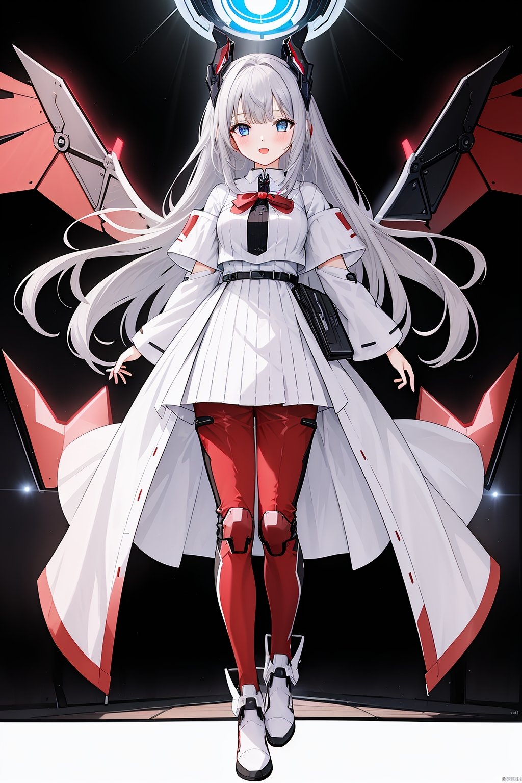 1 girl, solo, red Mecha pants, wings, blue eyes, long hair, red shoes, hair accessories, looking at the audience, gray hair, hair accessories, bangs, blue eyes, staff, clean background, mechanical wings, video card fan, gloves, white, simple background, cute, video card promo character, console, keyboard, mouse, joystick, red clothes, festive, Red theme,<lora:天启姬:0.7>,