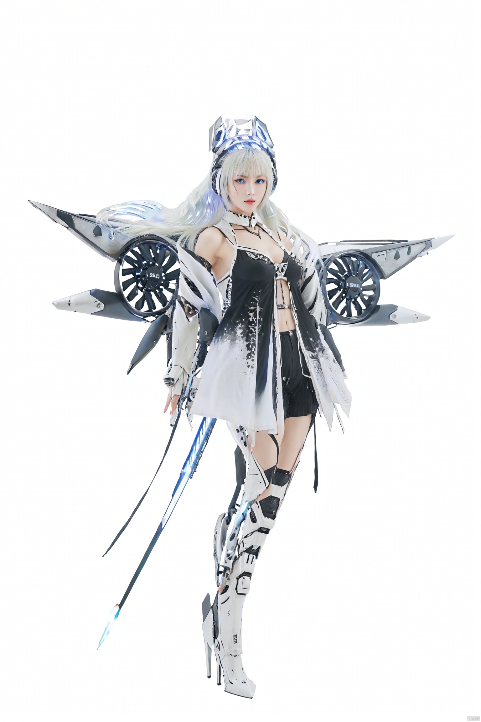  1 woman, robot cyborg
full body, hanging in the air
anime
broken maintenance
oriental
poetic
horror
ghost
tubes , wires
by
 Akihiko Yoshida
TIANQIJI
1girl
solo
long hair
breasts
looking at viewer
smile
bangs
blue eyes
simple background
thighhighs
white background
dress
holding
cleavage
bare shoulders
medium breasts
tail
full body
weapon
white hair
boots
wings
holding weapon
white dress
high heels
headgear
white footwear
polearm
high heel boots
armored boots
mecha musume
holding polearm
, TIANQIJI