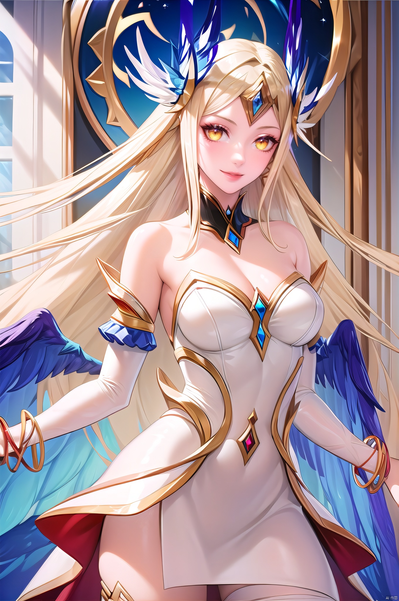 yuan'shen, 1girl, long hair, blonde hair, solo, yellow eyes, jewelry, smile, head wings, bare shoulders, thighhighs, white dress, looking at viewer, very long hair, bracelet, nice hands,(upper_body:1.5), arms behind back,