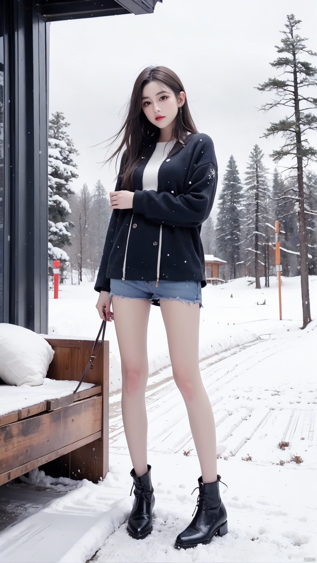  1 girl, Sexy winter clothes, bare legs,Snowy day,countryside, cpdd