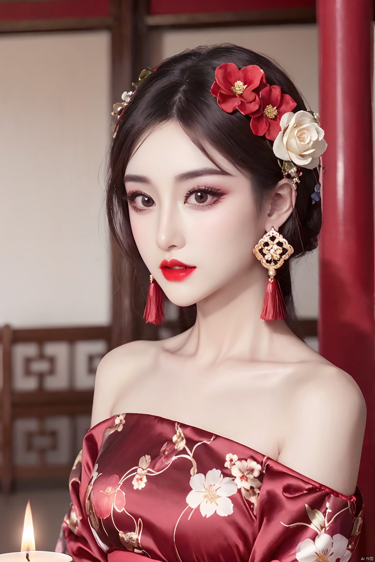  full body, 1girl, hair ornament, solo, flower, hair flower, candle, earrings, jewelry, black hair, black eyes, blurry, lips, red lips, looking at viewer, tassel, depth of field, makeup, realistic,(red_clothes:1.3),chinese clothes, floral print, upper body, medium breasts, off-the-shoulder
, cpdd