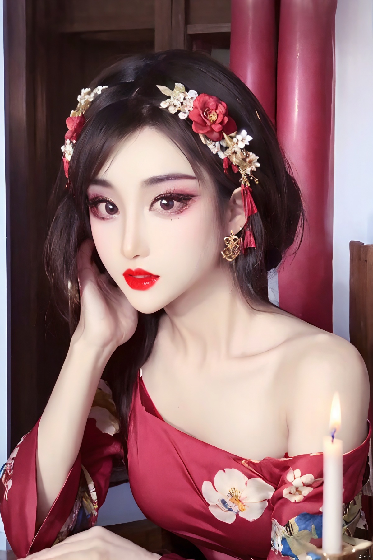  full body, 1girl, hair ornament, solo, flower, hair flower, candle, earrings, jewelry, black hair, black eyes, blurry, lips, red lips, looking at viewer, tassel, depth of field, makeup, realistic,(red_clothes:1.3),chinese clothes, floral print, upper body, medium breasts, off-the-shoulder
, cpdd