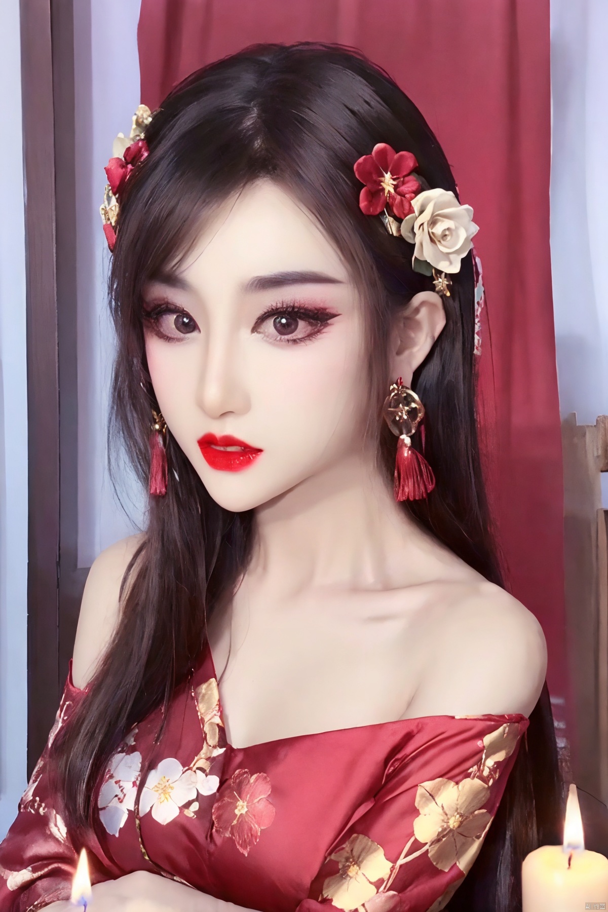  full body, 1girl, hair ornament, solo, flower, hair flower, candle, earrings, jewelry, black hair, black eyes, blurry, lips, red lips, looking at viewer, tassel, depth of field, makeup, realistic,(red_clothes:1.3),chinese clothes, floral print, upper body, medium breasts, off-the-shoulder
, cpdd