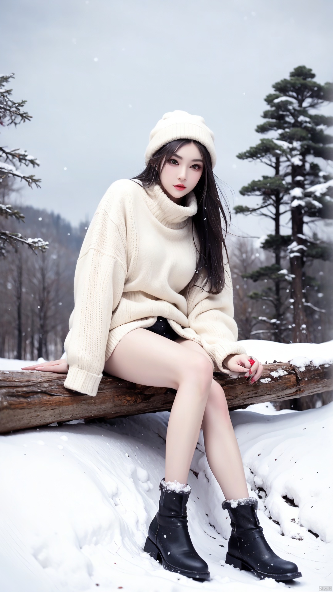  1 girl, Sexy winter clothes, bare legs,Snowy day,countryside, cpdd