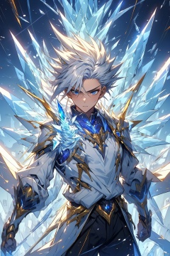 Confident 18-year-old boy with silver hair, white sweater, detailed painting of fighting posture (ice magic), blowing cold wind from his hand