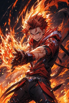 Confident 18-year-old boy with fiery red hair, red hoodie, detailed painting of fighting posture (fire magic), and fire shooting out of his hands, mechpp