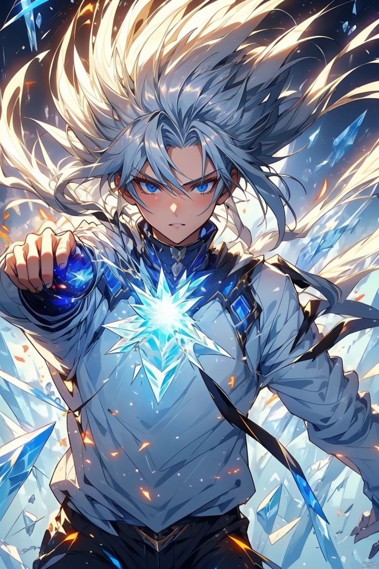  Confident 18-year-old boy with silver hair, white sweater, detailed painting of fighting posture (ice magic), blowing cold wind from his hand