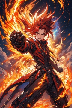  Confident 18-year-old boy with fiery red hair, red hoodie, detailed painting of fighting posture (fire magic), and fire shooting out of his hands, mechpp