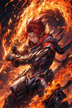  Confident 18-year-old boy with fiery red hair, red hoodie, detailed painting of fighting posture (fire magic), and fire shooting out of his hands, mechpp